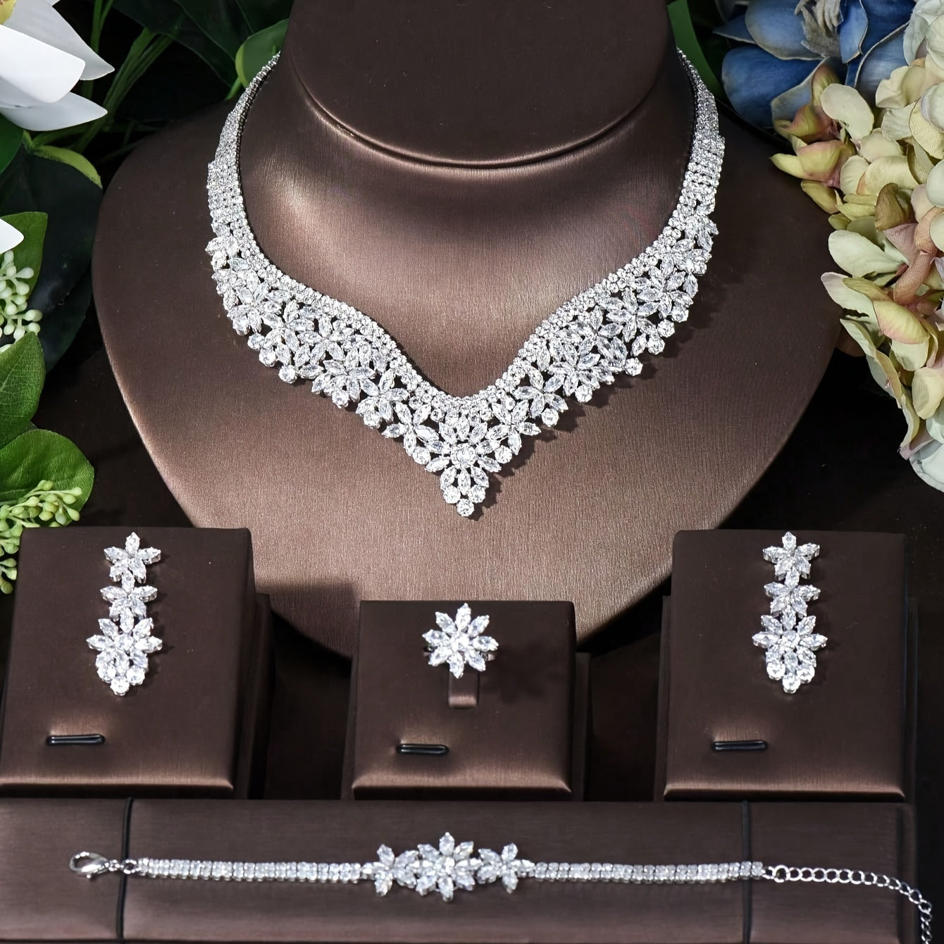 Women Middle Eastern Jewelry Set with Cubic Zirconia Necklace Earrings Ring Bracelet