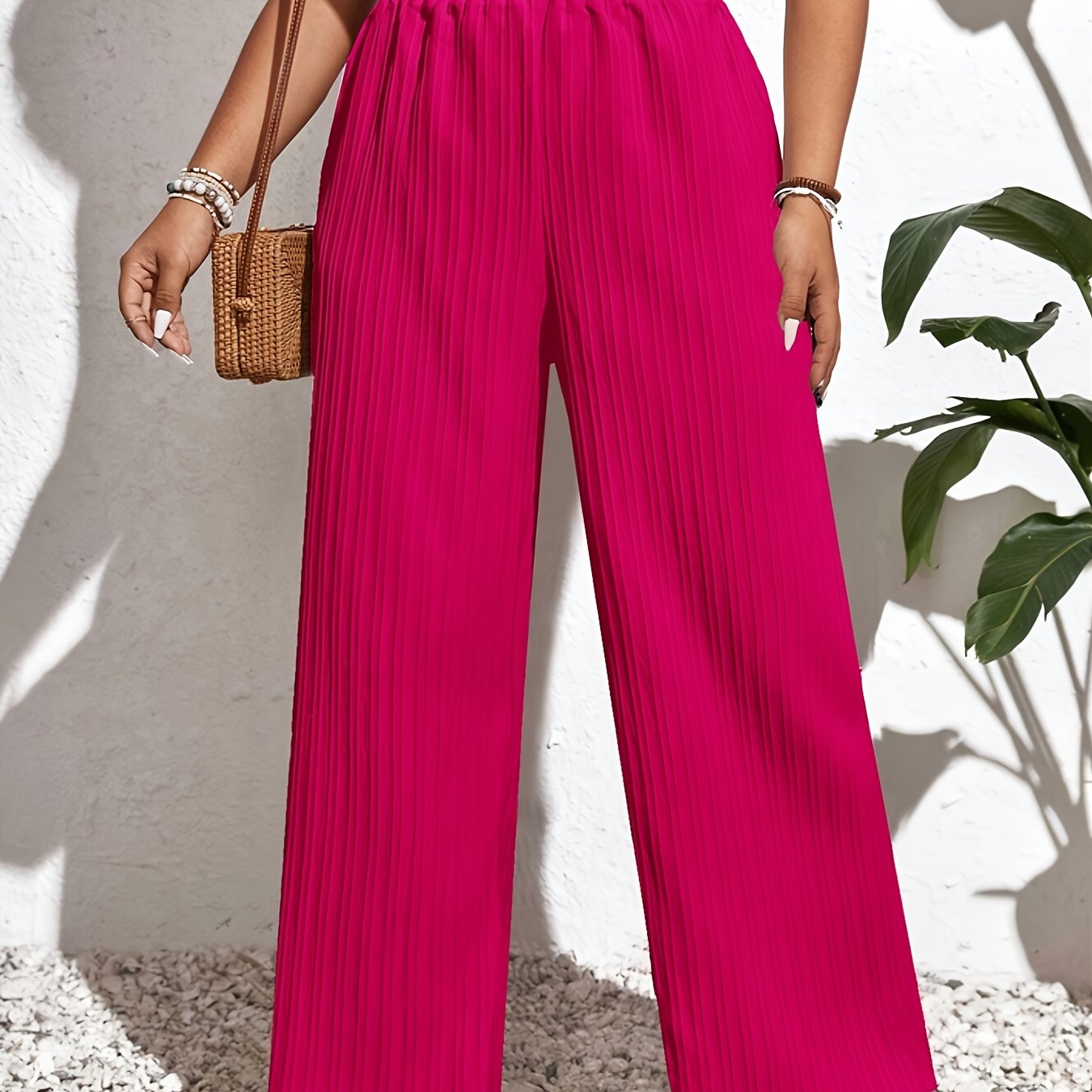 Women's Plus Size Textured High-Waist Wide-Leg Pants Solid Color