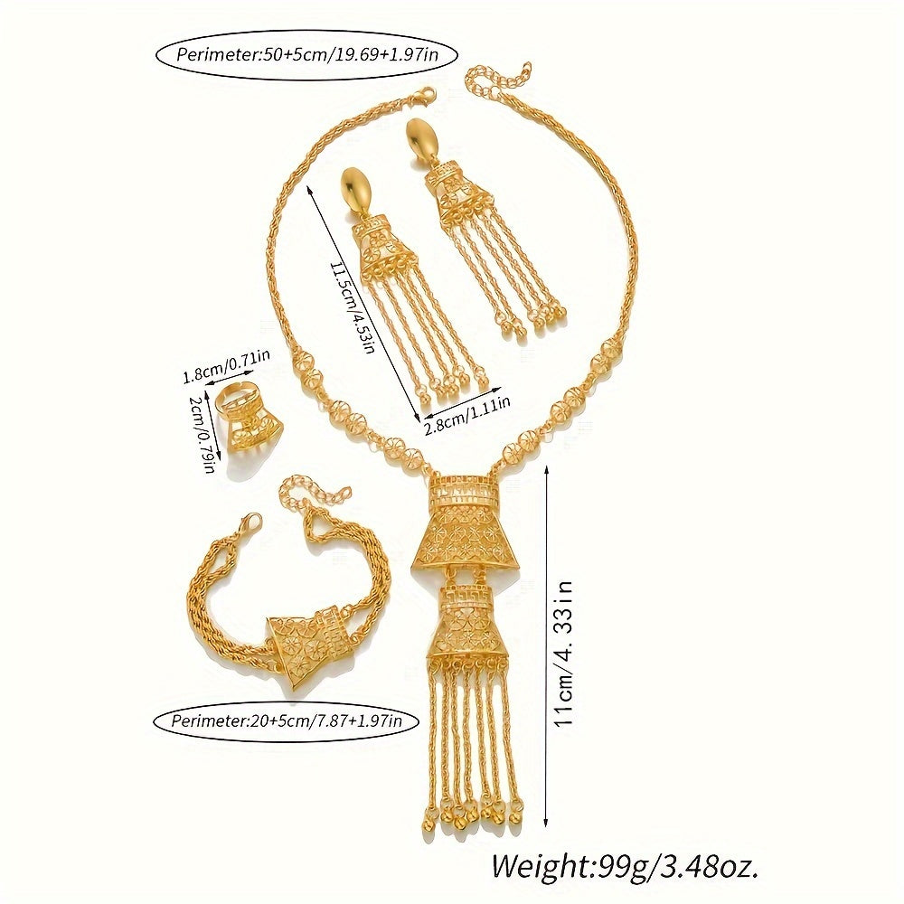 An'anaviy kelin zargarlik to'plami 5 dona: uzuk, marjon, bilaguzuk, taqinchoq. Har kuni kiyimlarga mos keladigan klassik bo'sh gul dizayni bilan qoplangan.