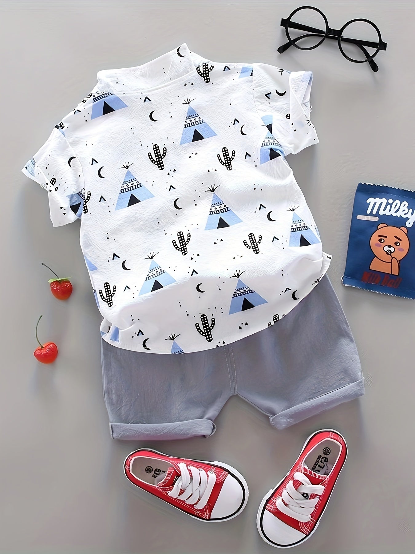 Boys Casual Set Short Sleeve Shirt and Shorts Pyramid Print Spring Summer 0-3 Years
