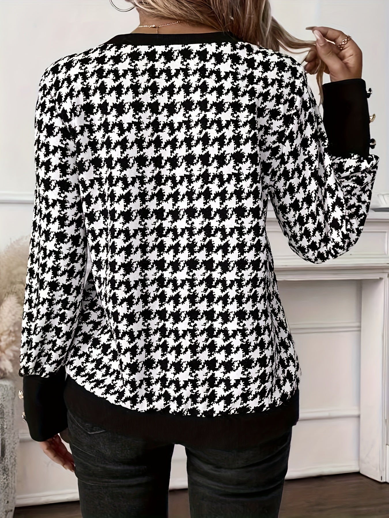 Women's Plus Size Houndstooth Top Long Sleeve Blouse