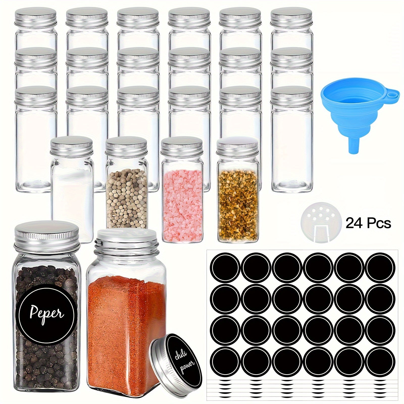 24-Piece Glass Spice Jar Set with Aluminum Lids, Labels, Funnel, and Brush