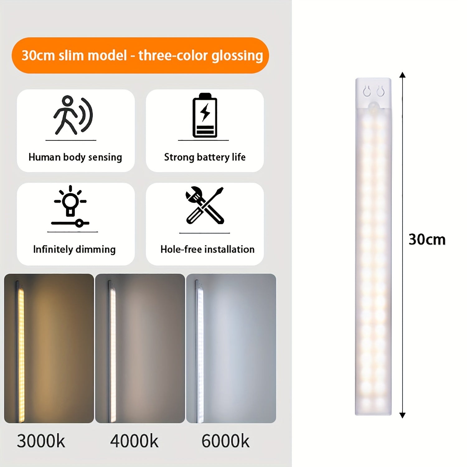 Ultra-Thin LED Light Strip with Human Body Sensing Multi-Mode Wall-Mounted Rechargeable for Kitchen Wardrobe Bedroom