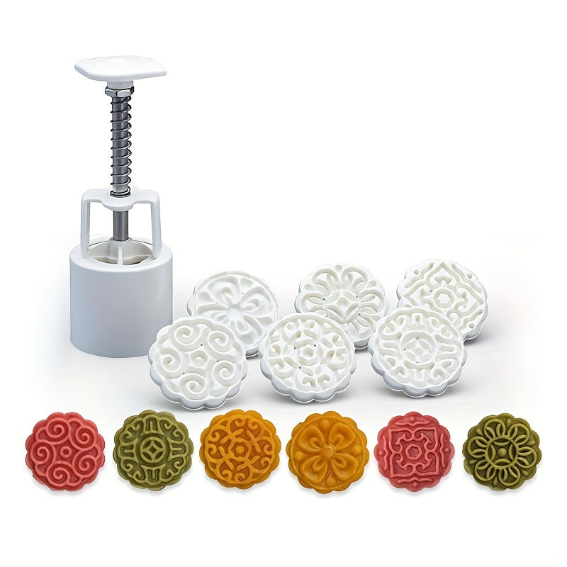 Moon Cake Maker Set with Flower-Shaped Mold and 6 Stamps for DIY Pastry Baking