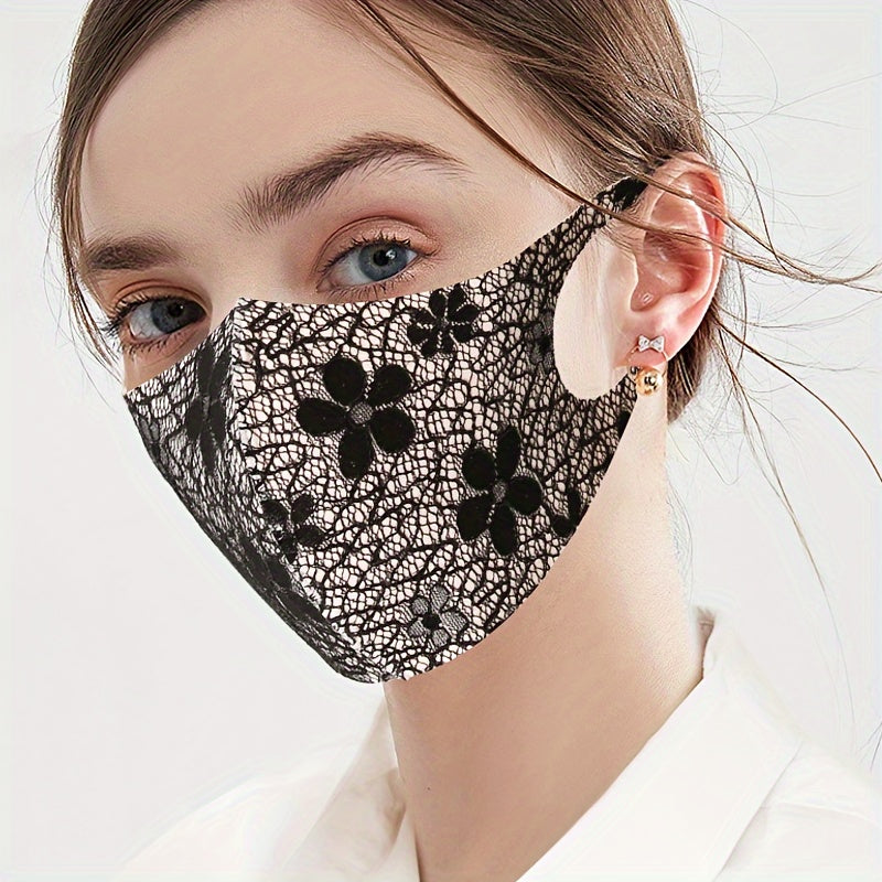 Lace Face Mask Set Floral Design Reusable Breathable for Outdoor Sun Protection