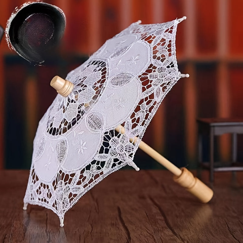 Embroidered Cotton Lace Bridal Umbrella with Wooden Handle for Weddings and Photography