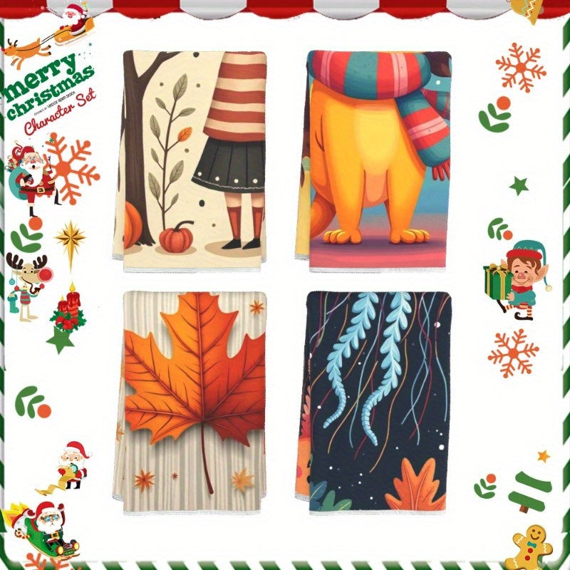 Juego de cuatro toallas de cocina navideñas, poliéster suave, 45x66 cm, diseño de fantasía
