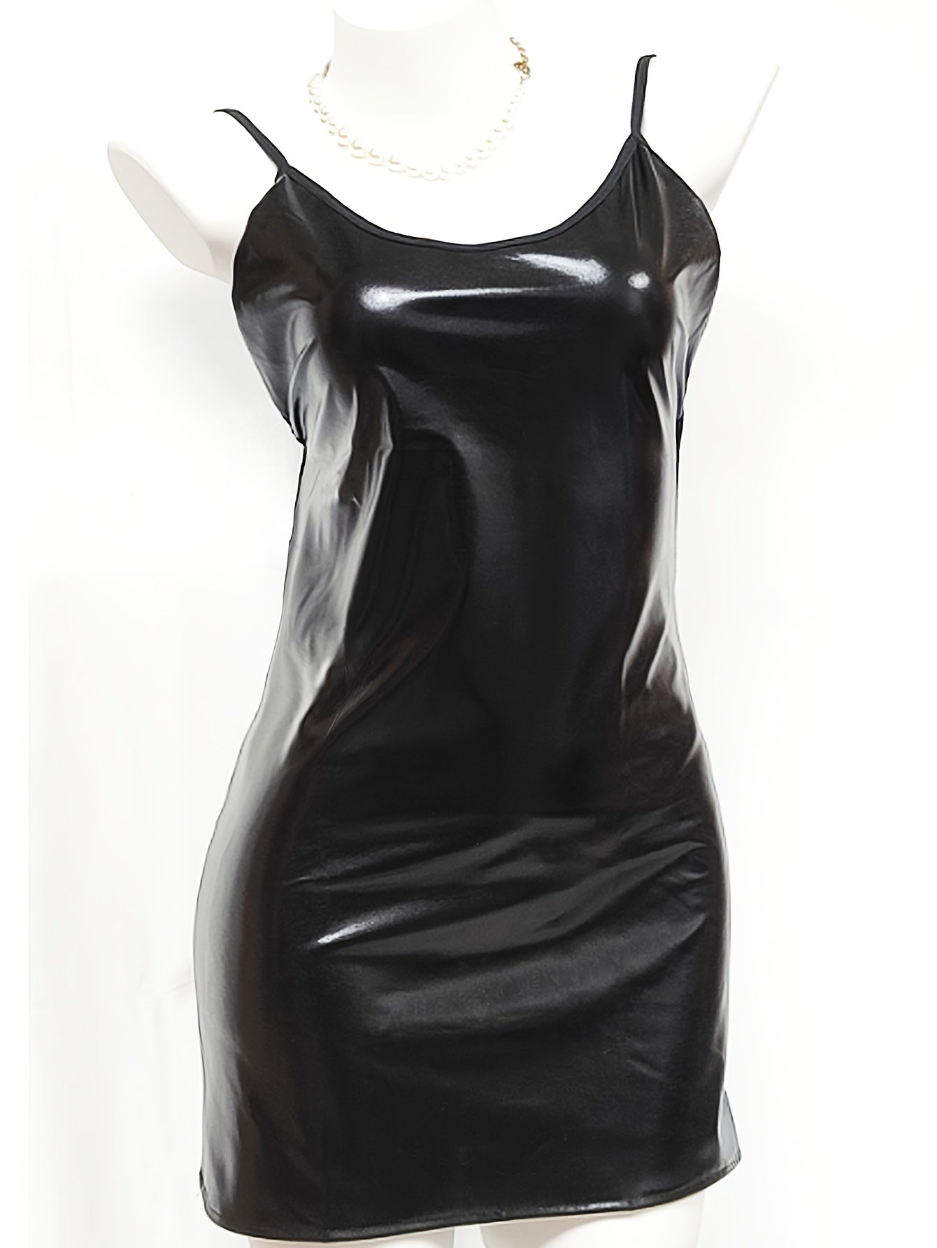 Black Patent Slip Dress with Backless Design Stretchy Spandex Polyester for Parties