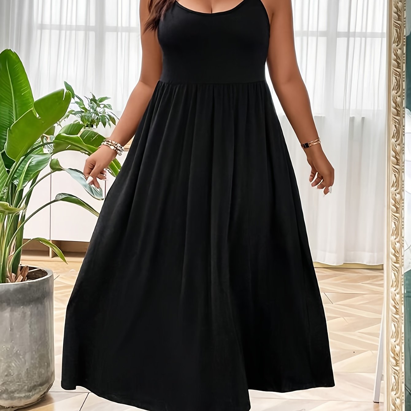 Plus Size Women's Sleeveless Nightgown Black Knee-Length Sleep Dress Lounge Wear