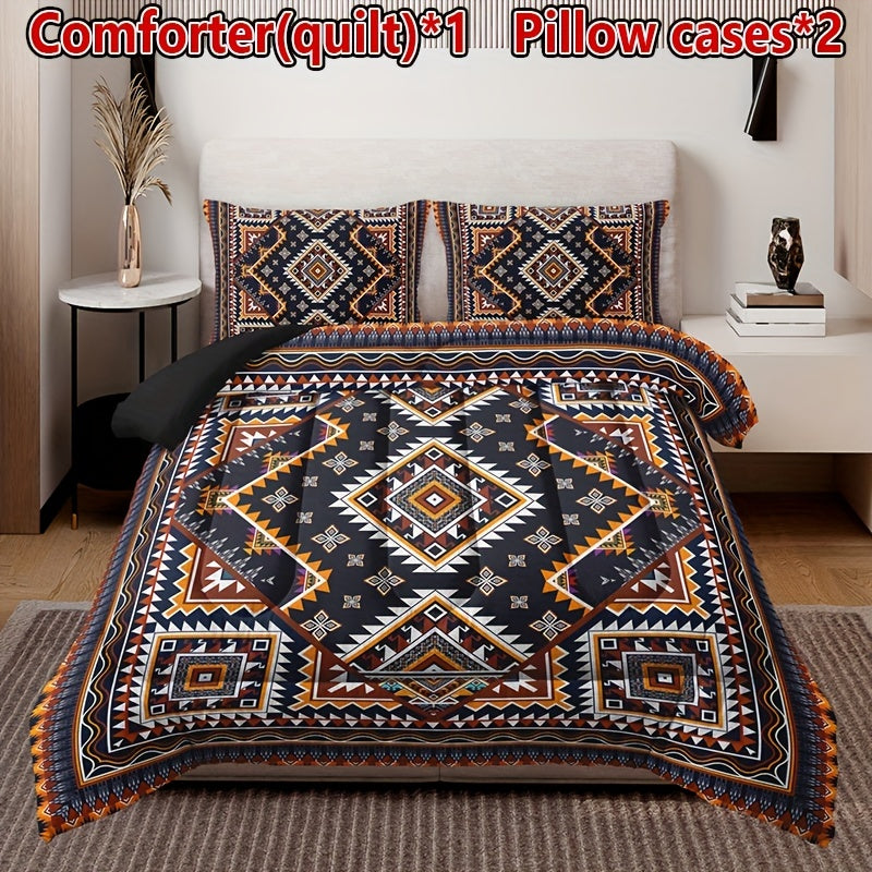 3-Piece Bohemian Plaid Quilt Set with Pillowcases All-Season Breathable Bedding