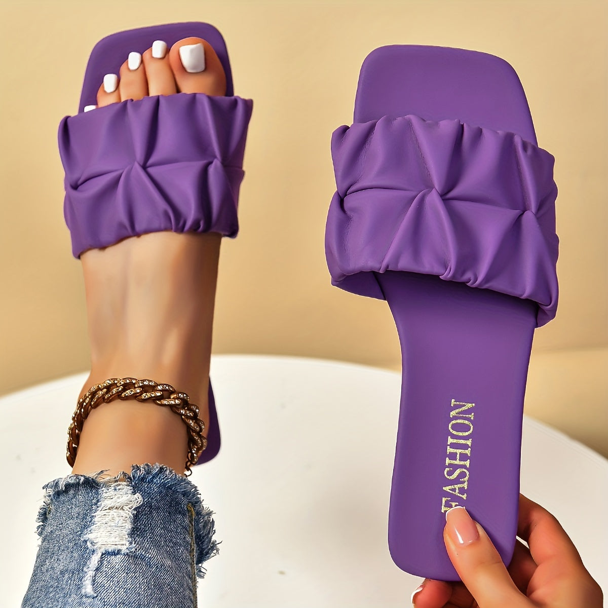 Women's Pleated Slide Sandals Casual Open Toe Flat Summer Shoes