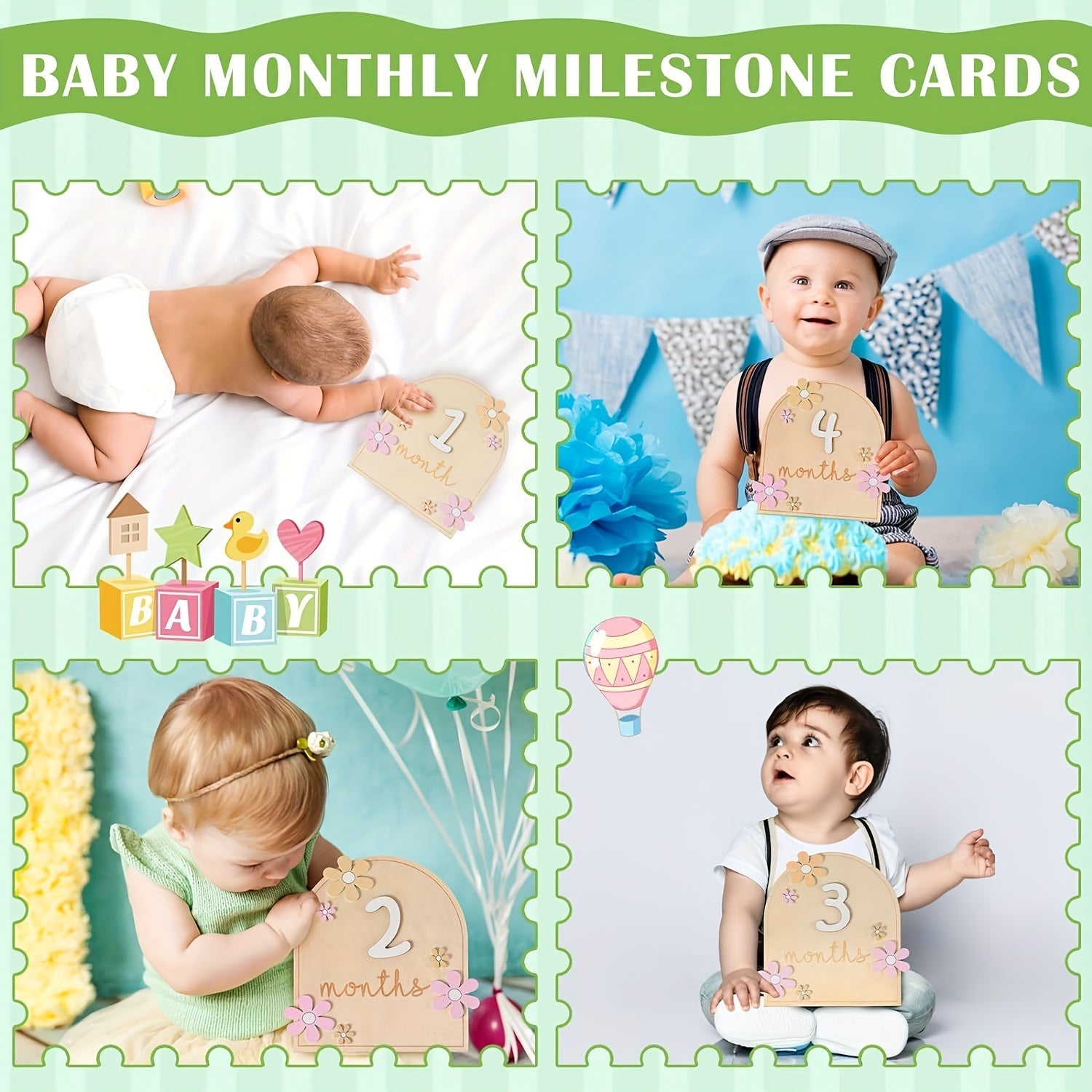 Wooden Milestone Cards Set for Baby Growth Tracking with Floral Design 1-12 Months