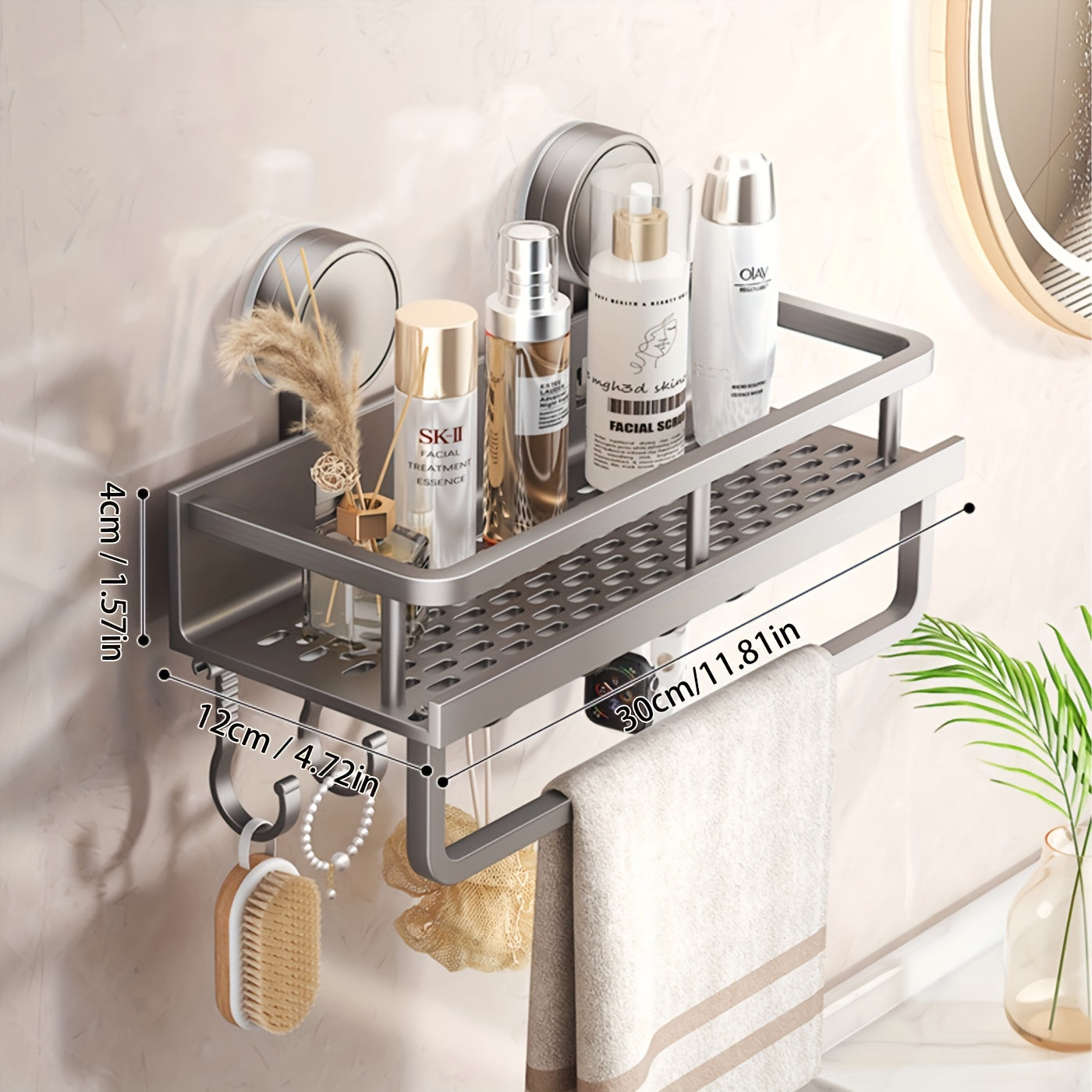 Rustproof Wall Mount Shower Caddy with Towel Hooks and Floating Shelf for Bathroom Organization