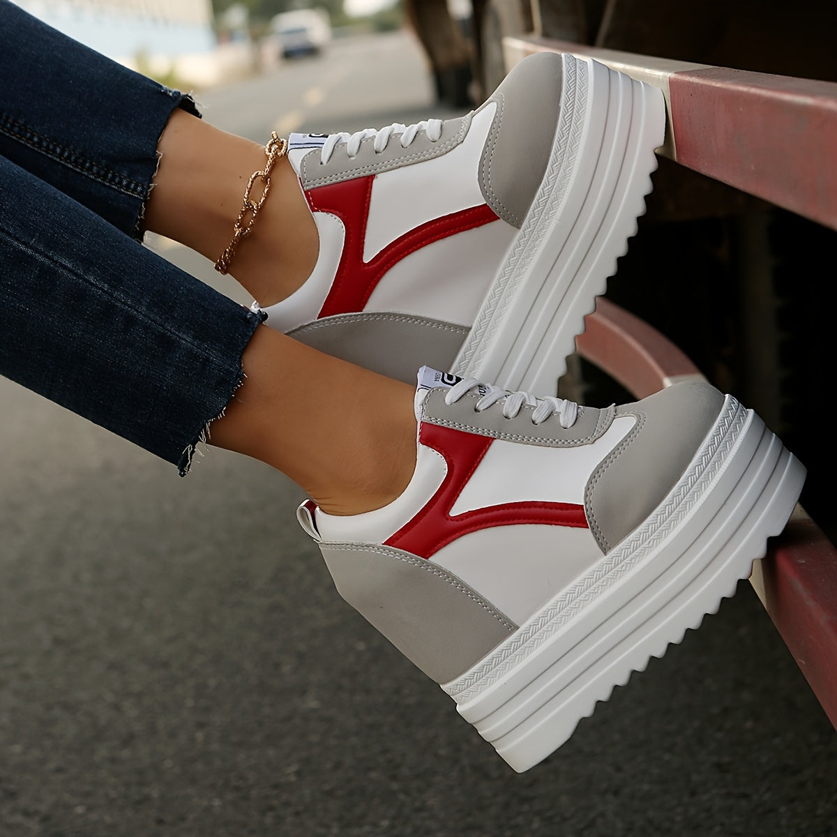 Women's Fashion Sneakers, Lace-Up, Color Block, Thick Platform, All Seasons