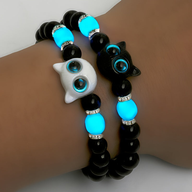 Glow-in-the-Dark Cat Jewelry Set with Beaded Bracelets and Necklace for Couples and Friends