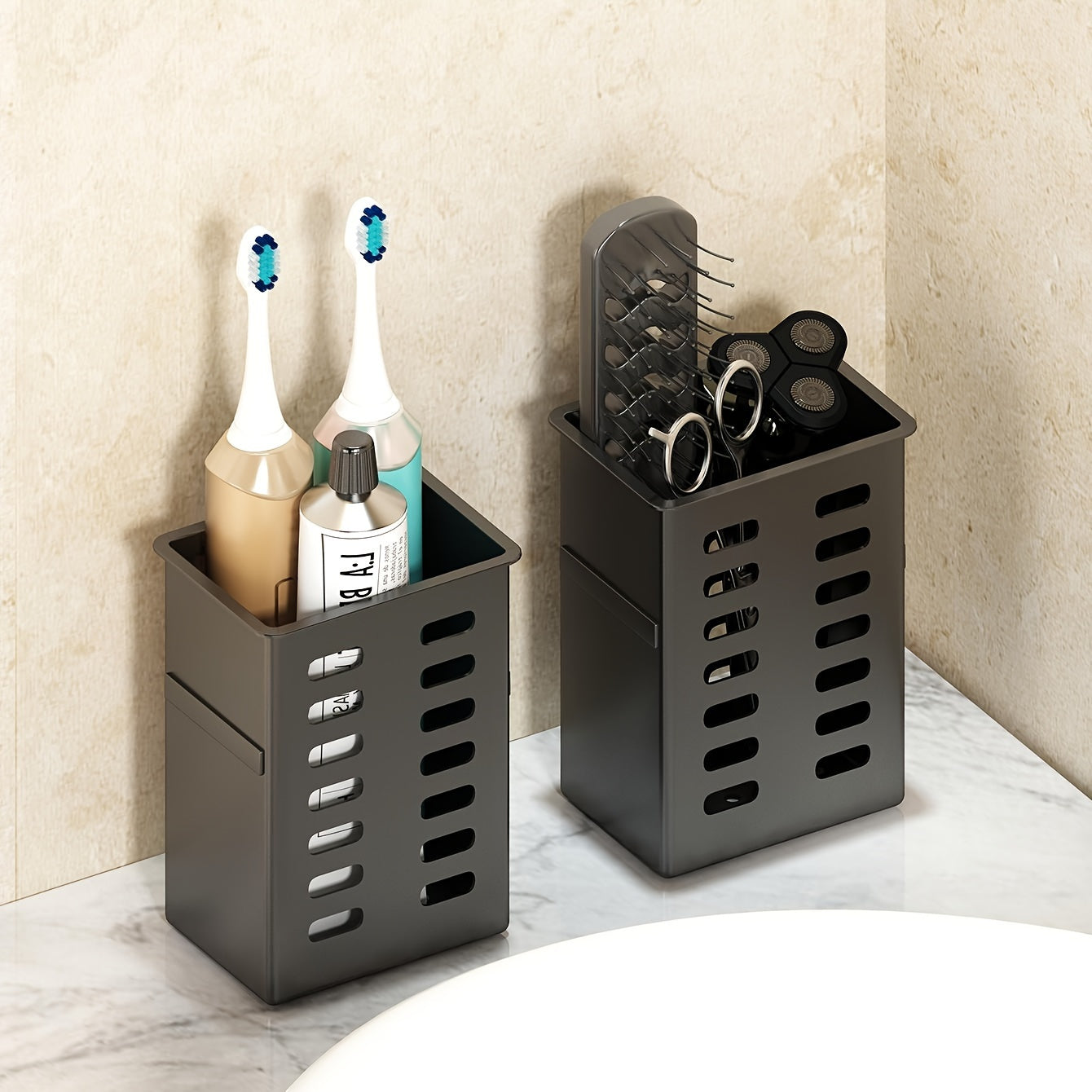 Wall-Mounted Bathroom Toothbrush Holder with Storage Rack Organizer and Container