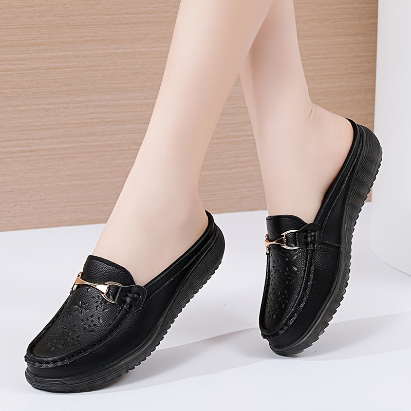 Women's Metal Buckle Mules, Flat Breathable Casual Shoes, Anti-slip