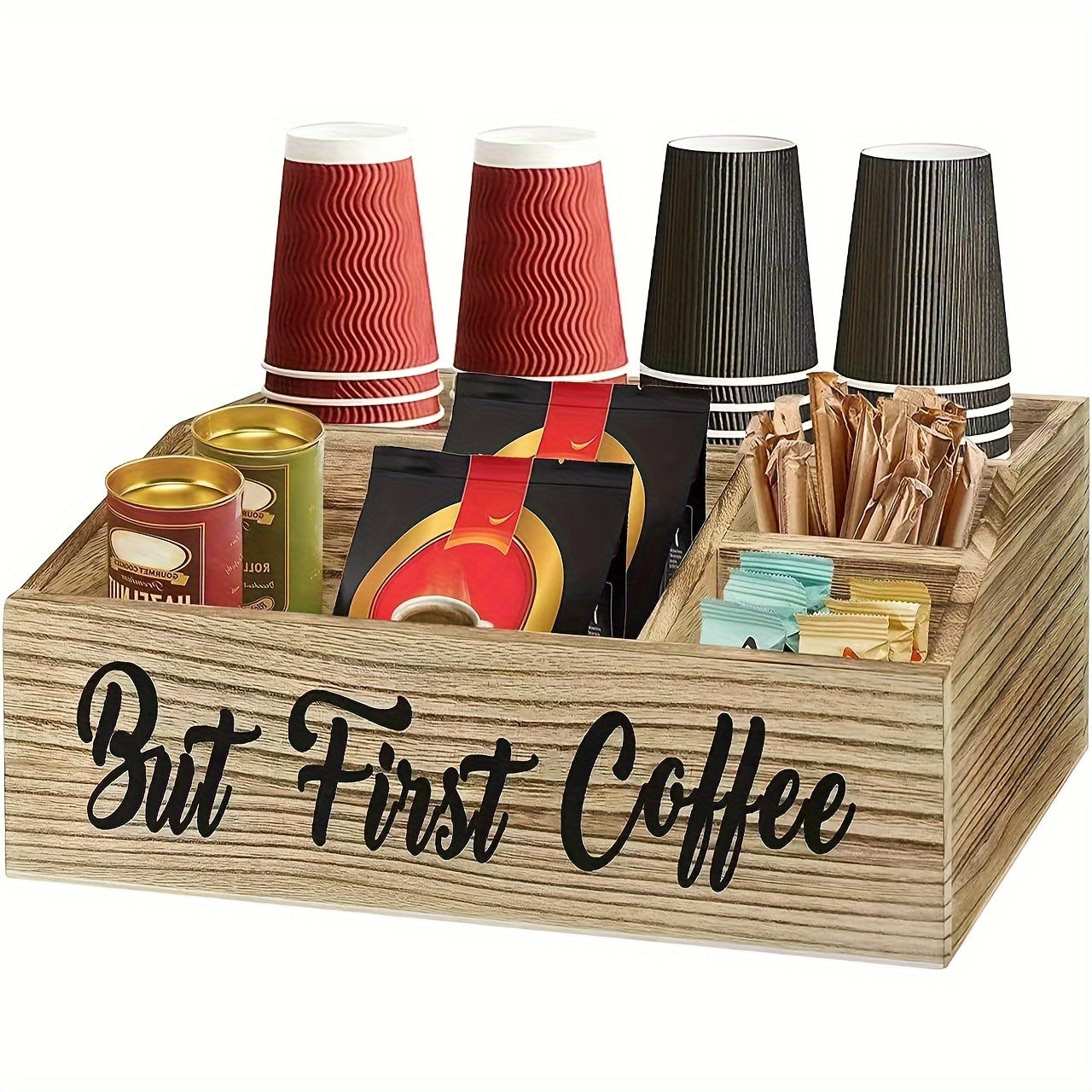 Rustic Wooden Coffee Station Organizer Countertop Pods Holder Condiment Basket