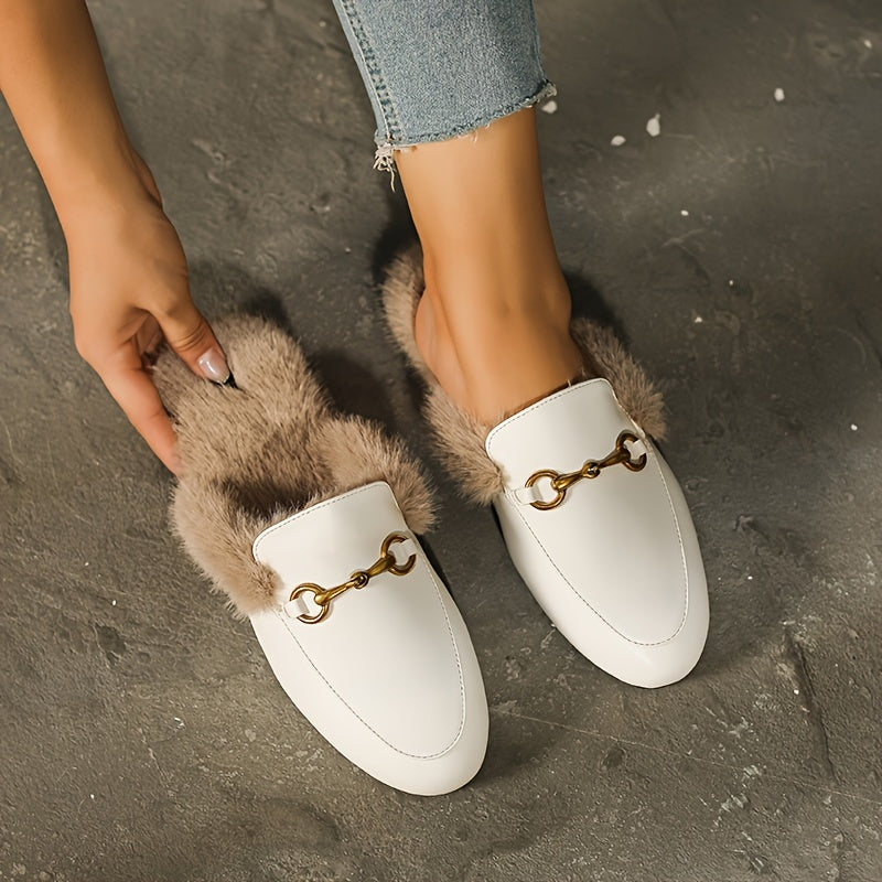 Women's Fluffy Plush Flats with Metallic Buckle Winter Warm Fleece Shoes