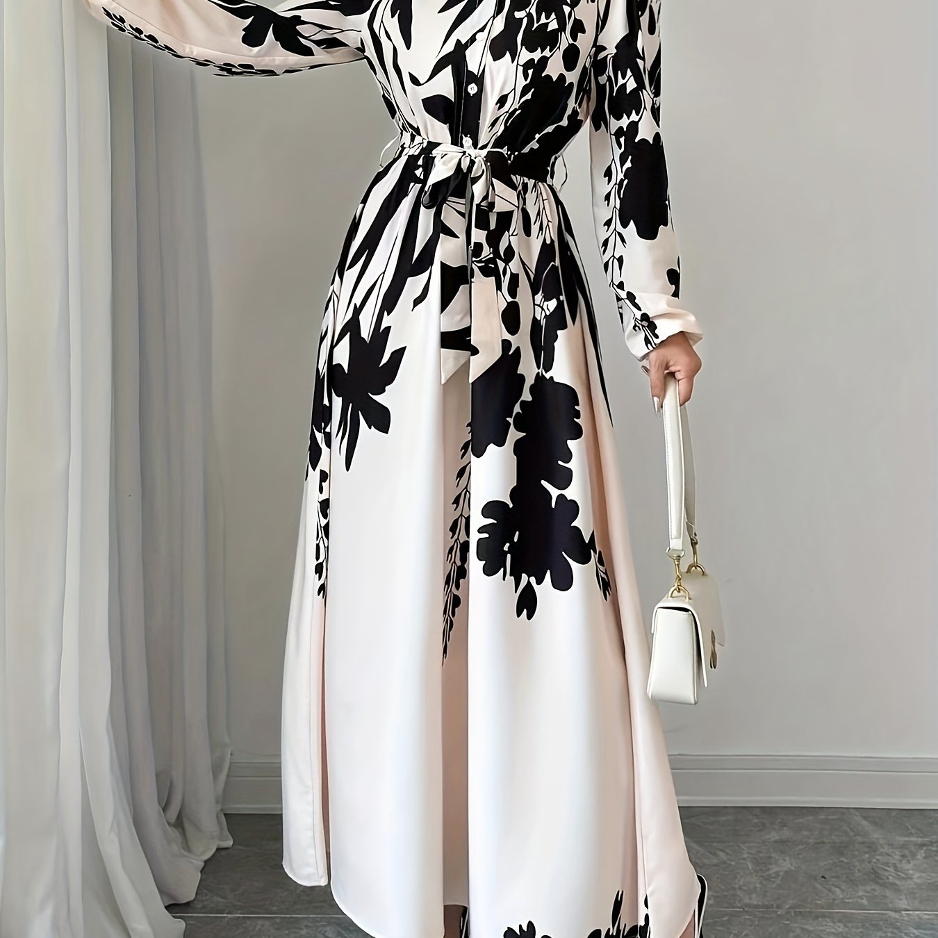 Women's Floral Print Long Sleeve A-Line Dress with Stand Collar and Lace-Up Detail