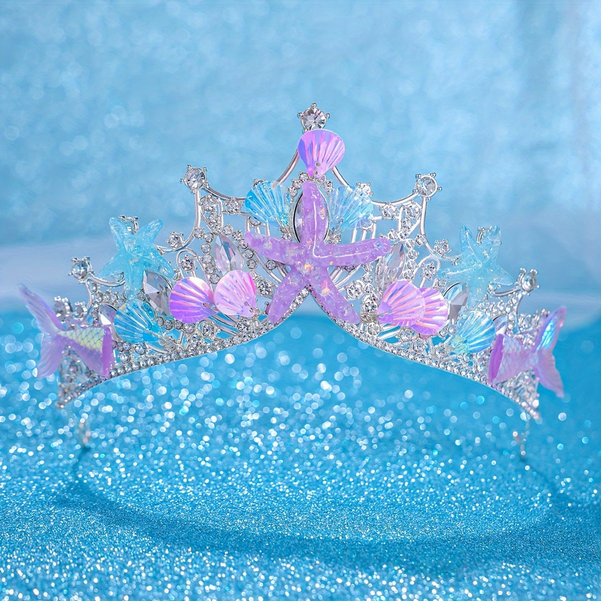 Rhinestone Ocean-Inspired Tiara Crown for Beach Weddings with Shells and Starfish