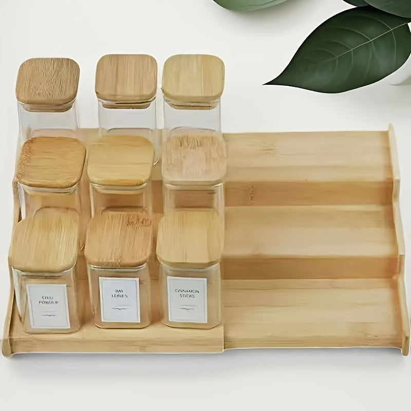 Bamboo Spice Rack 3 Tiers Adjustable Countertop Organizer Kitchen Storage