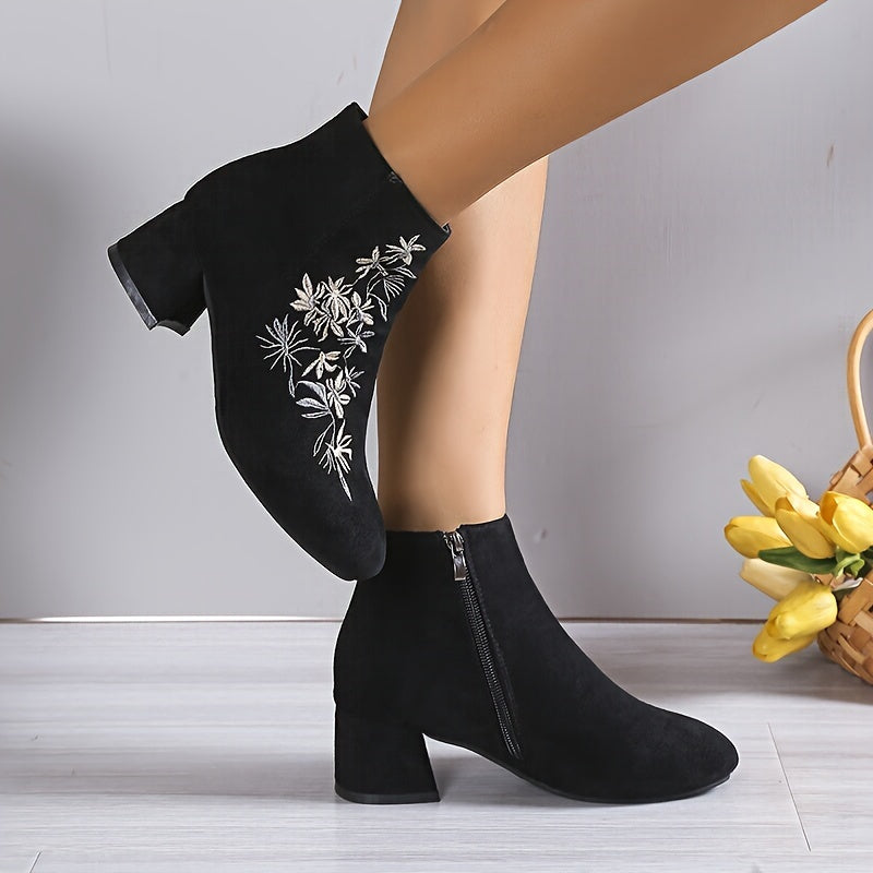 Women's Flower Pattern Chunky Heel Ankle Boots Square Toe Zipper
