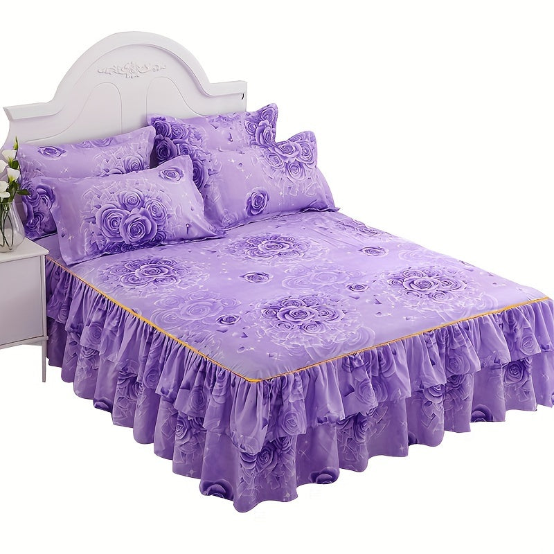 Set of 3 Tropical Floral Bedding Set with Lace Bed Skirt and Pillowcases Ruffled Edges Purple