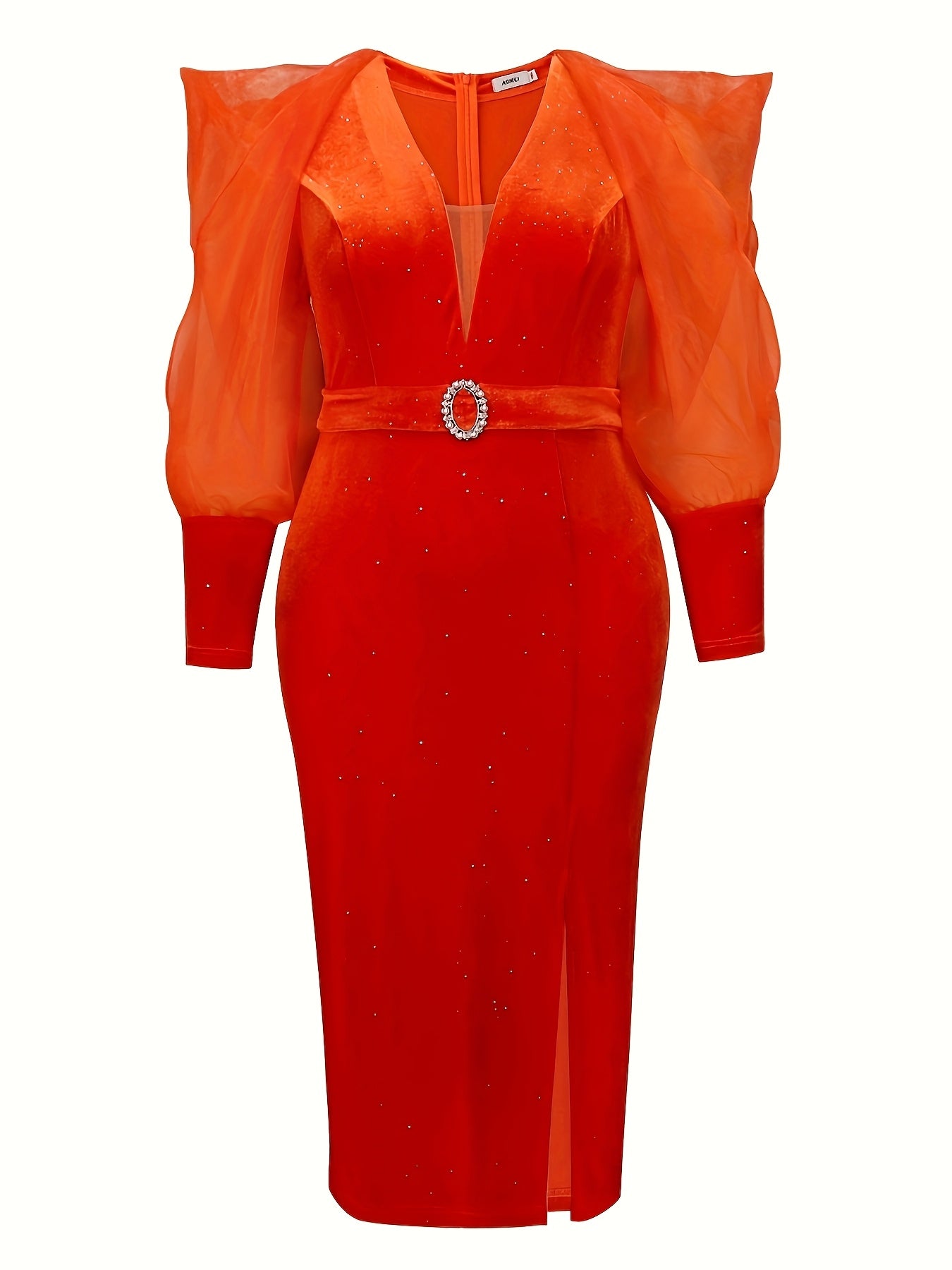 Women's Red Bodycon Party Dress with Puff Sleeves and High Slit