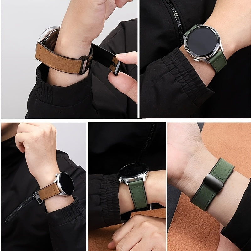 Sintetik charmli smart soat tasmasi, 22mm/20mm o'lchamda Samsung, Garmin, Xiaomi va Huawei kabi turli brendlar bilan mos keladi. Zamonaviy uniseks dizayni, suvga chidamli va magnit xususiyatlariga ega.