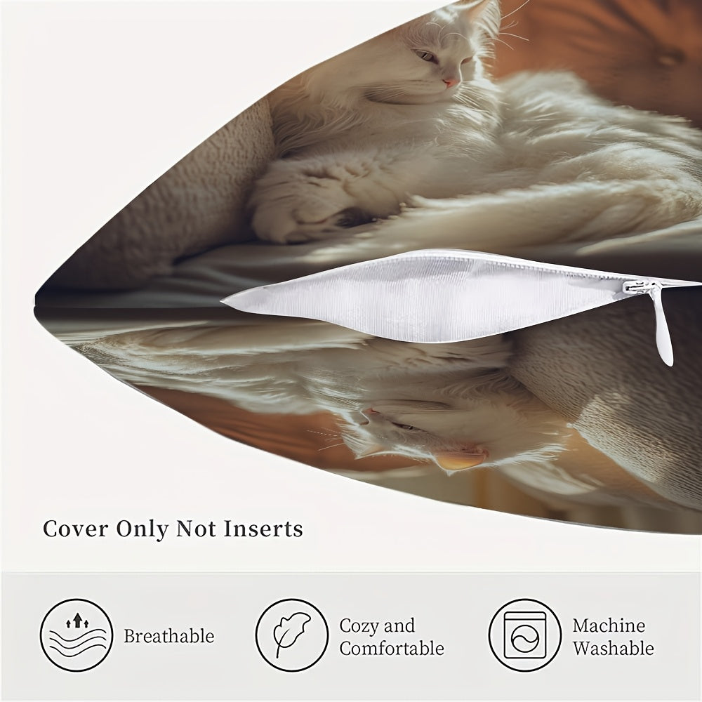 White Cat Print Cushion Cover Reversible Polyester Farmhouse Style Home Decor