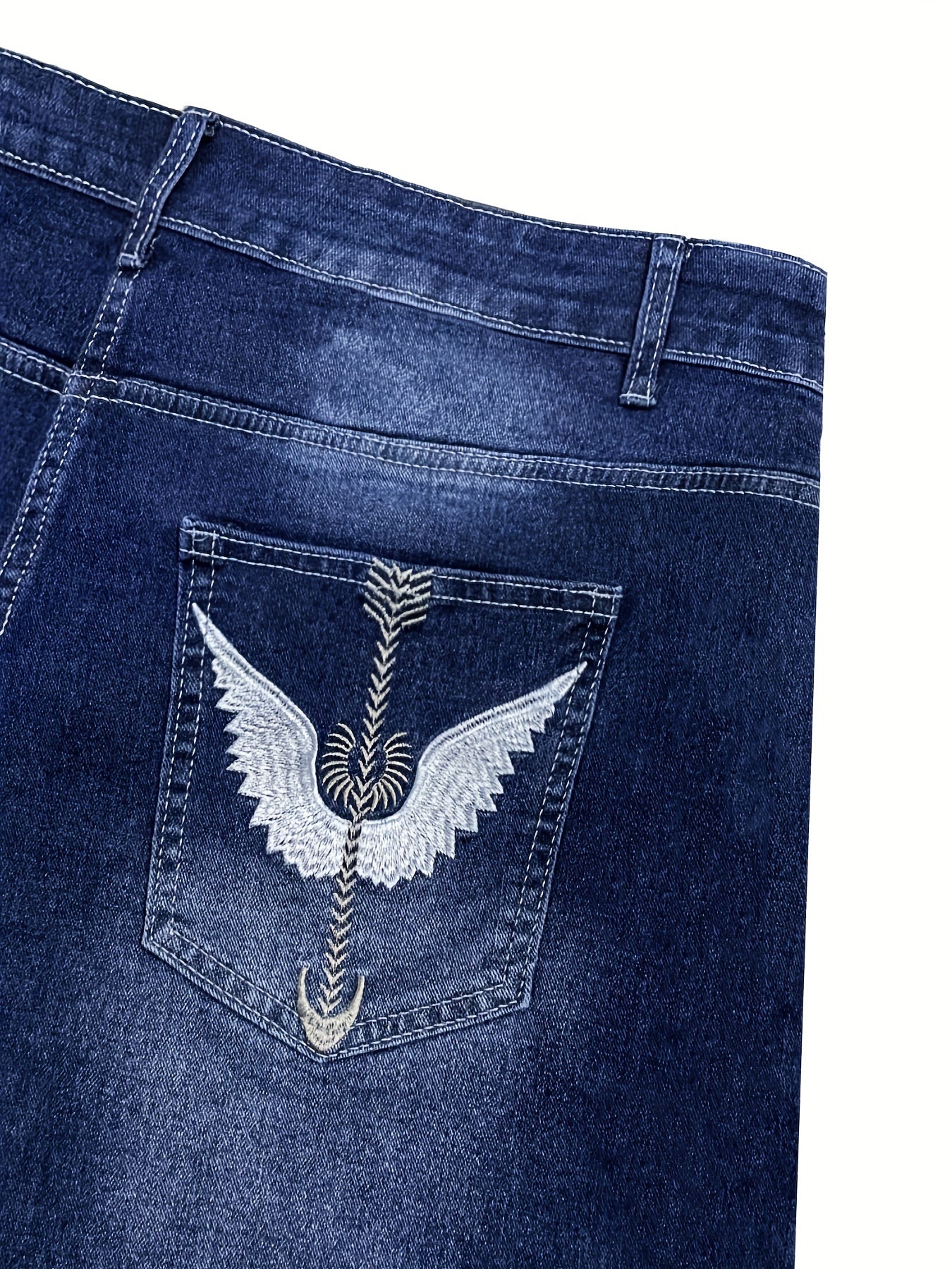 Women's Plus Size Blue Denim Shorts Cuffed Hem Embroidered Wings