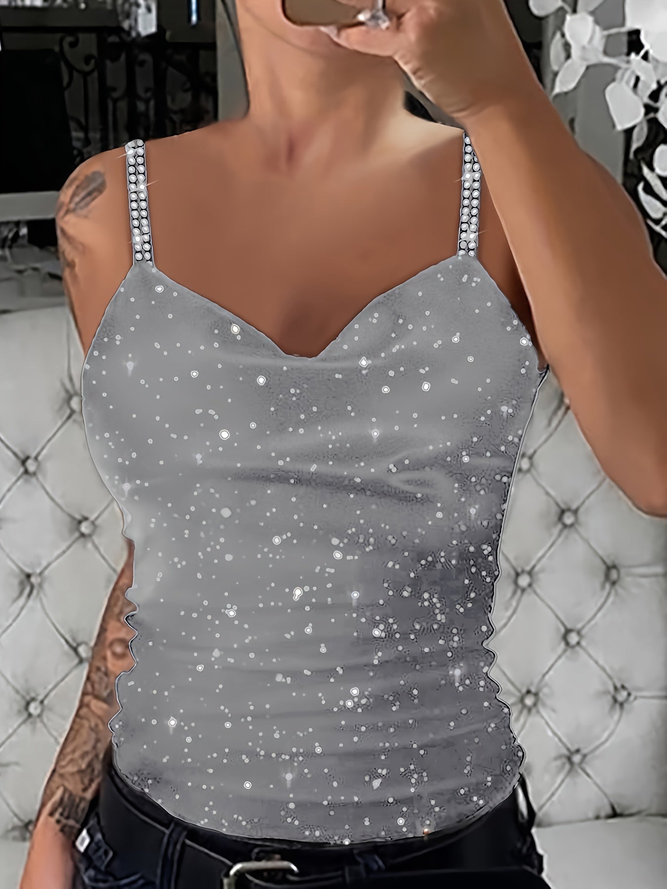 Black Sequin Camisole with Rhinestone Straps V-Neck Sleeveless Summer Top