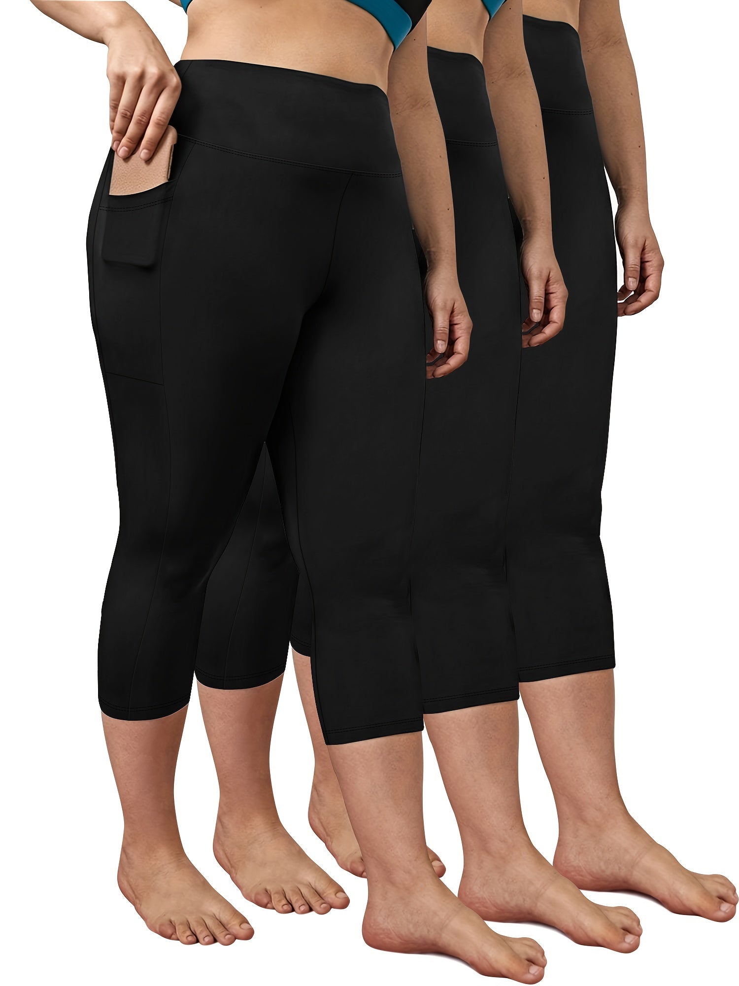 Women Plus Size High Waist Capri Leggings With Pockets for Workout and Yoga