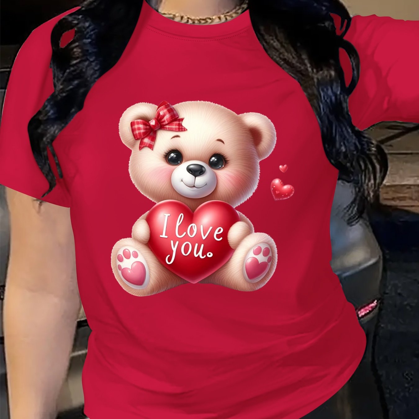 Plus Size Women's Loose Fit T-Shirt with Cartoon Bear and Heart Print