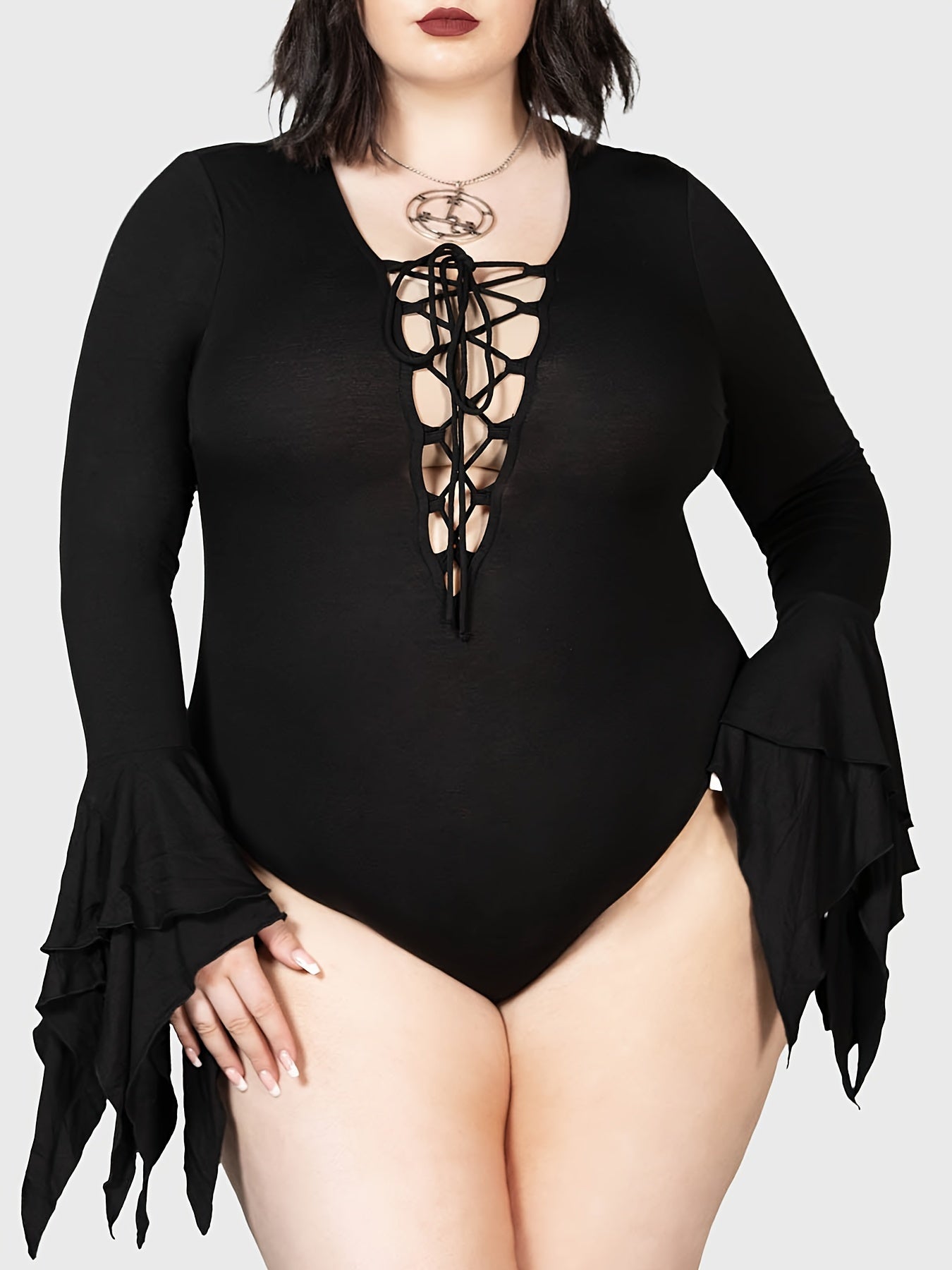 Women's Plus Size Lace Up Front Bodysuit with Asymmetrical Cuffs