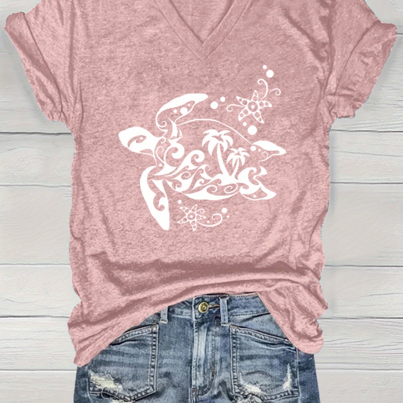 Women's V-Neck Short Sleeve T-Shirt Lightweight Polyester Summer Teal Geometric