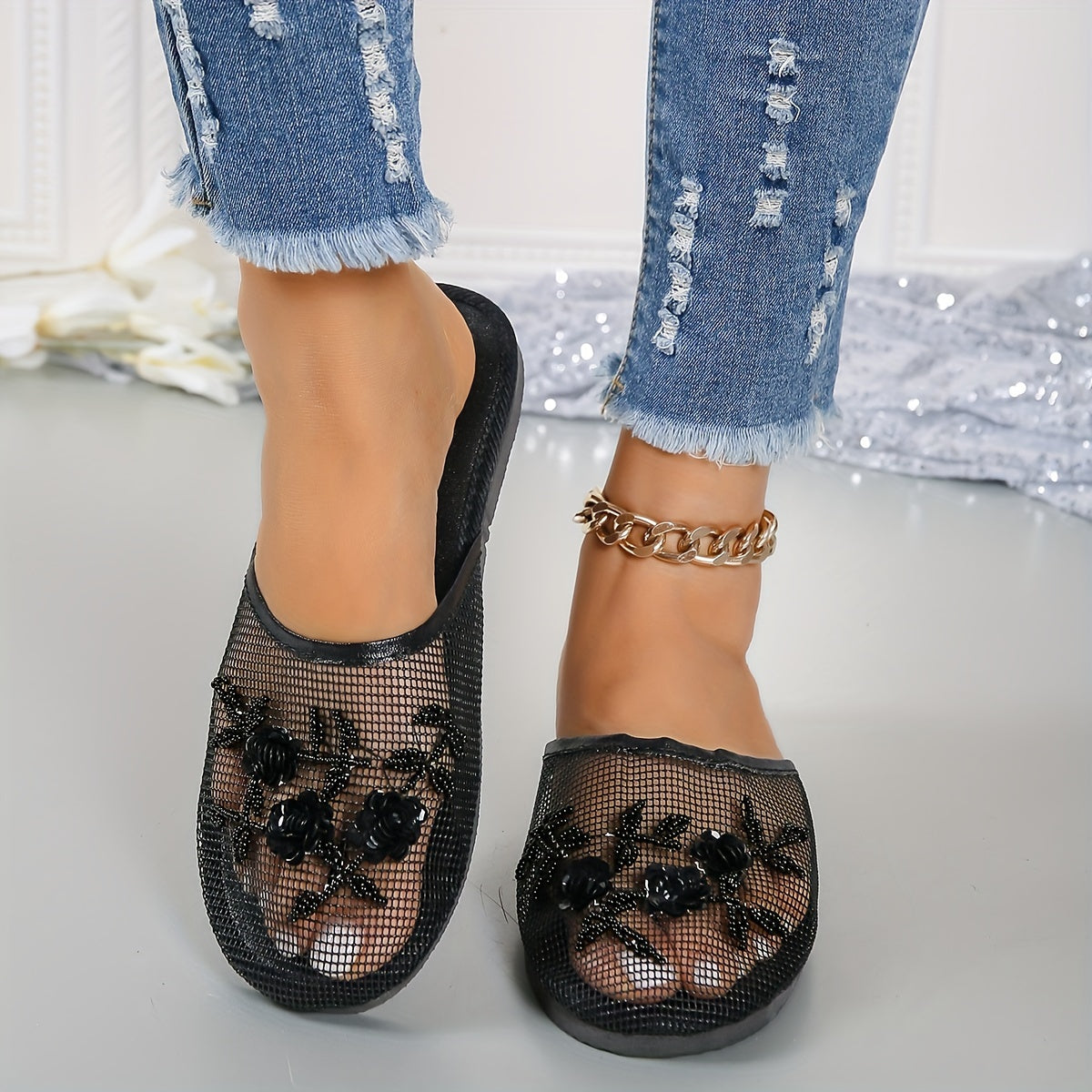 Women's Beaded Floral Slides Lightweight Summer Indoor Shoes Breathable Mesh Almond Toe EVA Sole