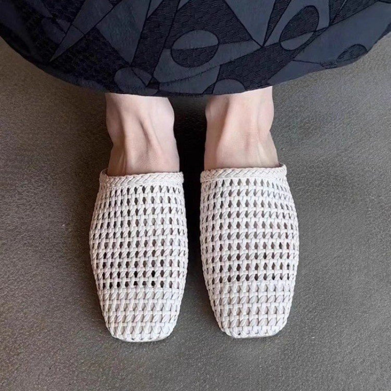 Women Crochet Mules Breathable Open-Toe Summer Shoes Beige Synthetic Flat Heel