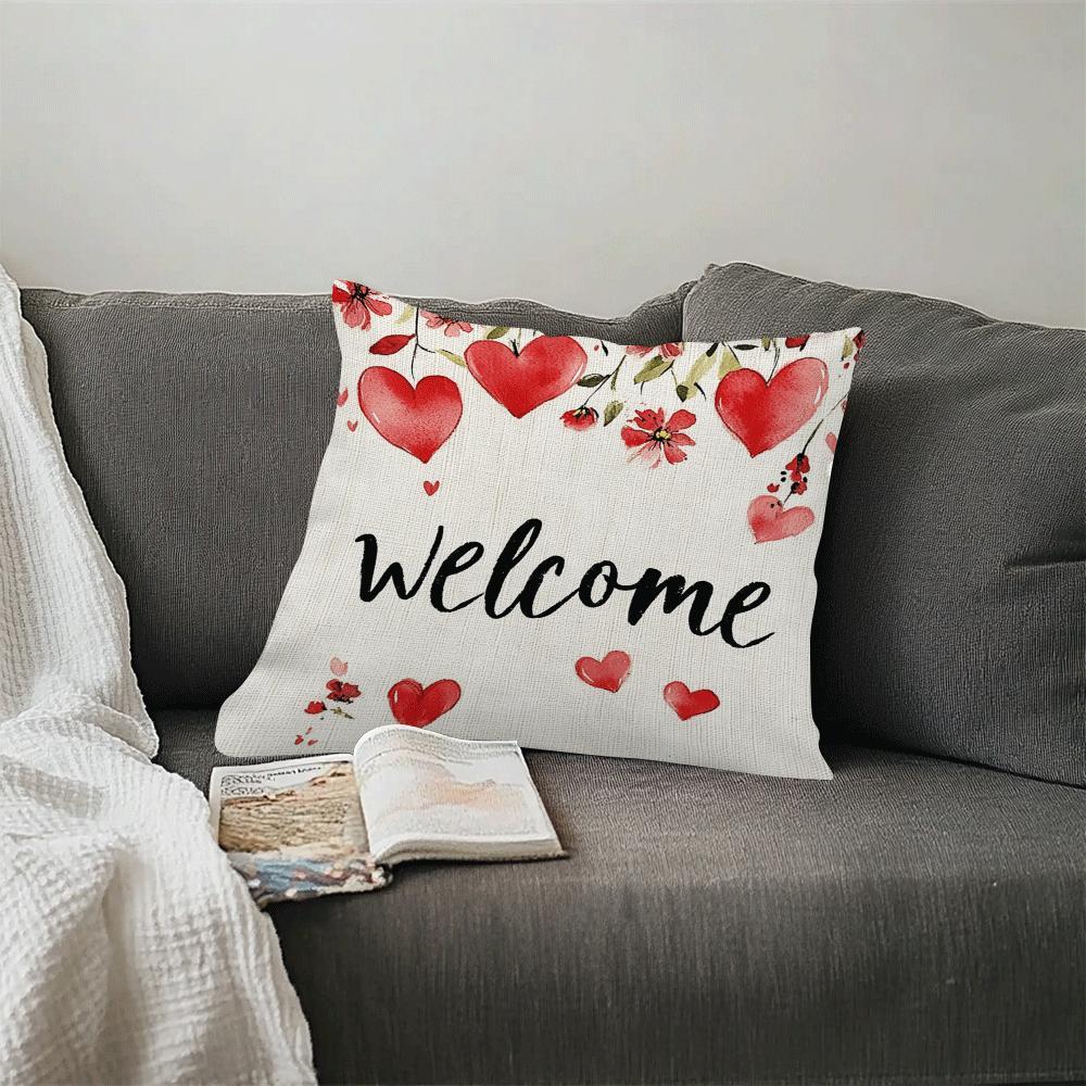 Red Heart and Floral Throw Pillow Cover 45cm Polyester Zippered Washable Decorative
