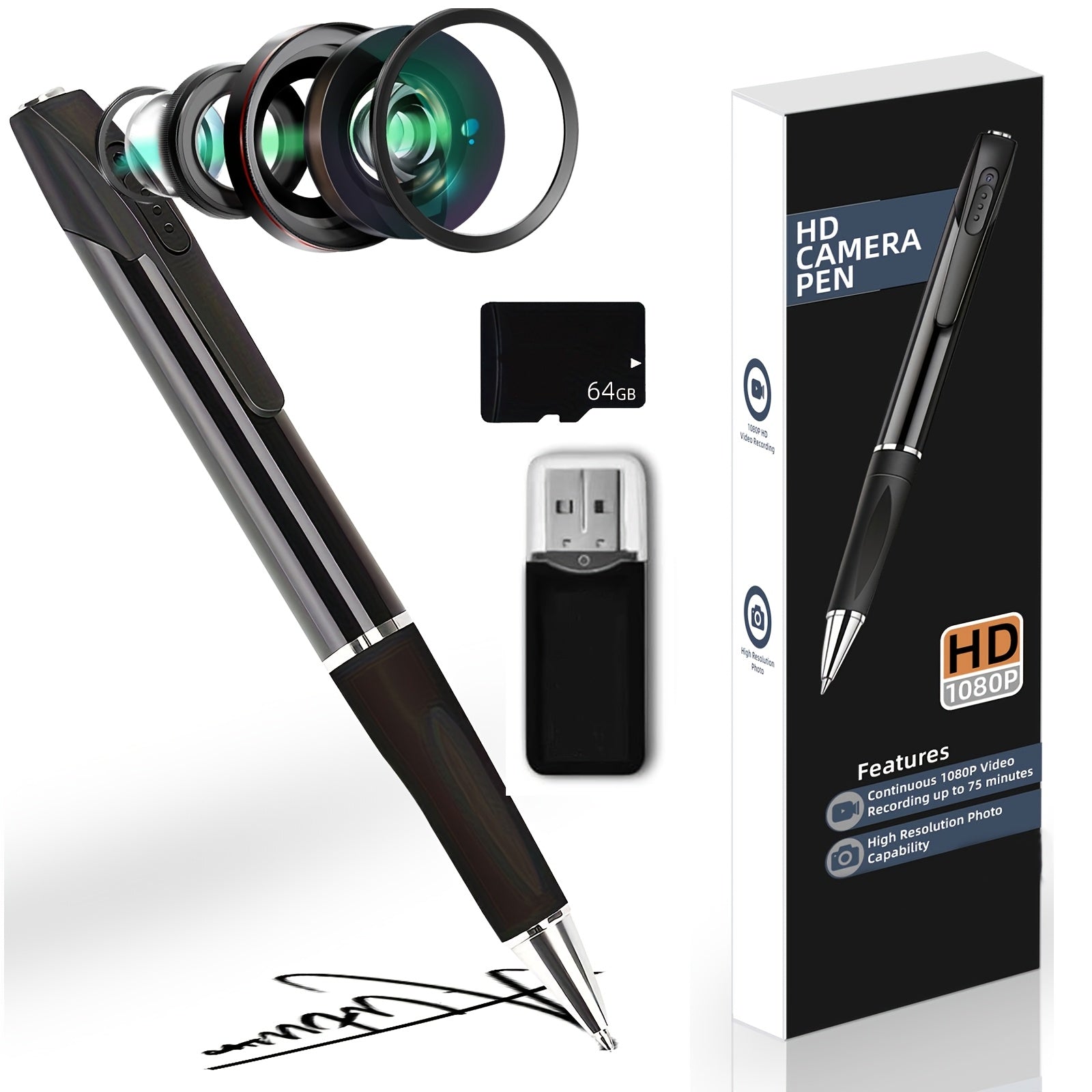 1080P HD Mini Nanny Camera Pen with 64GB Rechargeable Lithium Battery Indoor Surveillance