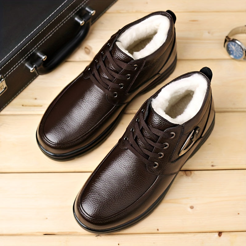 Botas de invierno vintage para hombre, cuero de vaca genuino, forro de felpa, cortas, para exteriores, con cordones