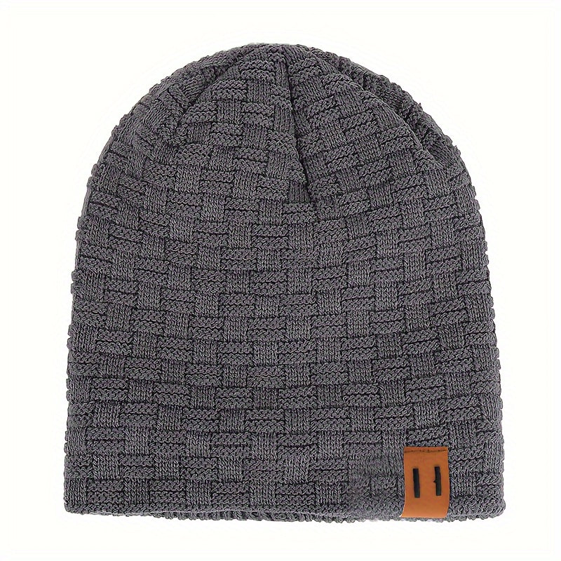 Men's Knit Beanie Winter Hat Faux Leather Patch Warm Windproof for Cycling Hiking