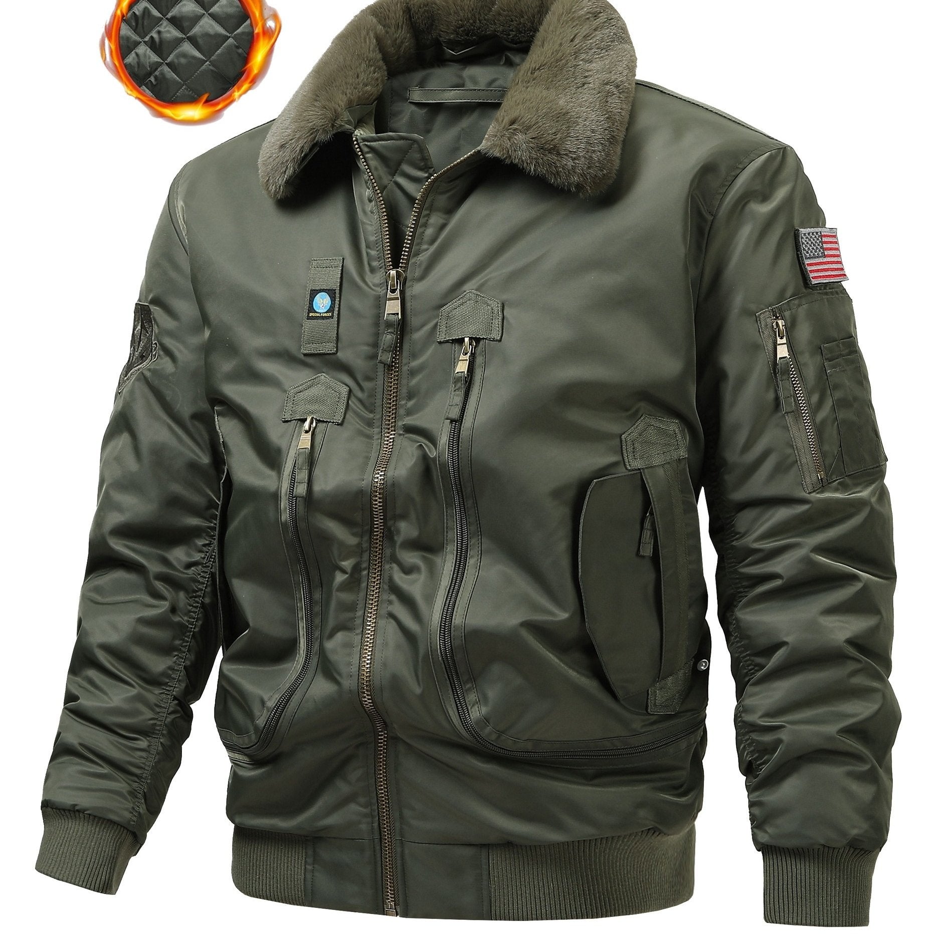 Men's Plus Size Military Flight Jacket with Faux Fur Collar Nylon Zipper Pockets