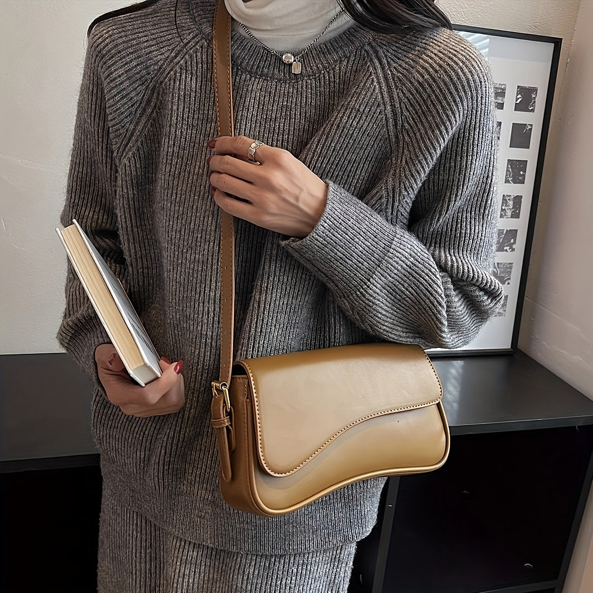 Black Baguette Bag for Women with Adjustable Strap and Gold Hardware