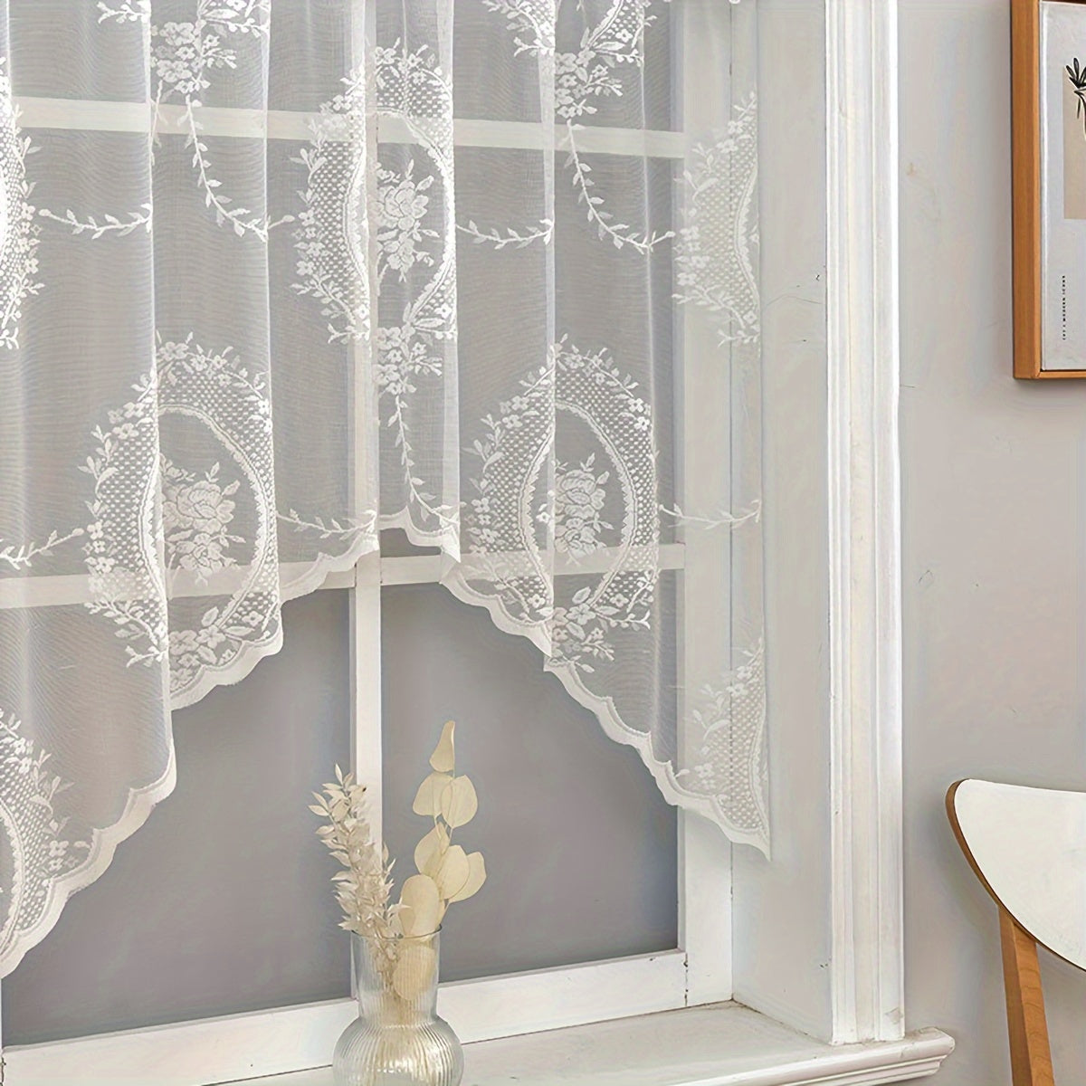 Lace Curtain Tiers with Rod Pocket Short Cafe Window Cover for Kitchen Bathroom Bedroom