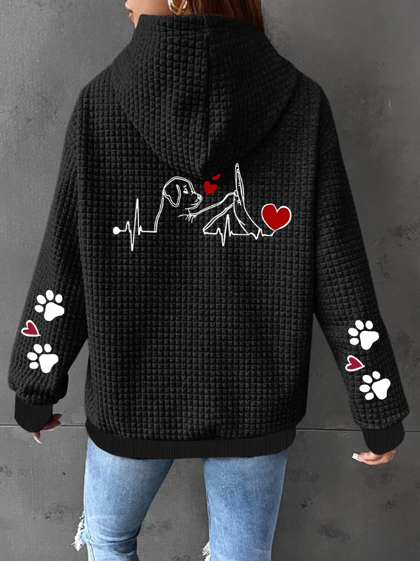 Women's Waffle Knit Hooded Jacket Black White Dog Print Casual Lightweight Outerwear