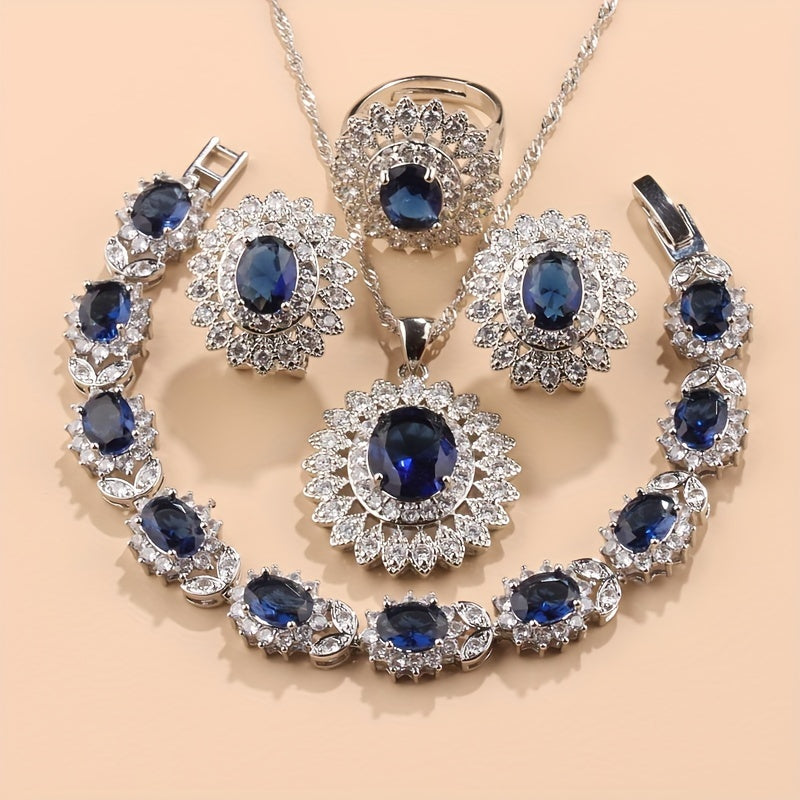 Sunflower Jewelry Set for Women Silver Plated Cubic Zirconia Earrings Ring Necklace Bracelet Wedding Vacation