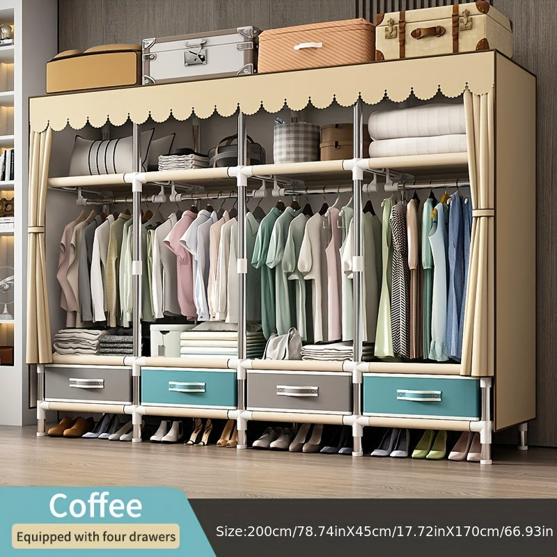 4 ta tortma va 4 ta osma kiyim ustuni bilan qulay kiyim saqlash uchun mustahkam po'lat quvurli shkaf. Silliq po'lat ramkali, mustahkam rangli mato shkafi va tortmalar va shkafni oddiy yig'ish. Oson ko'chiriladigan shkaf variant.