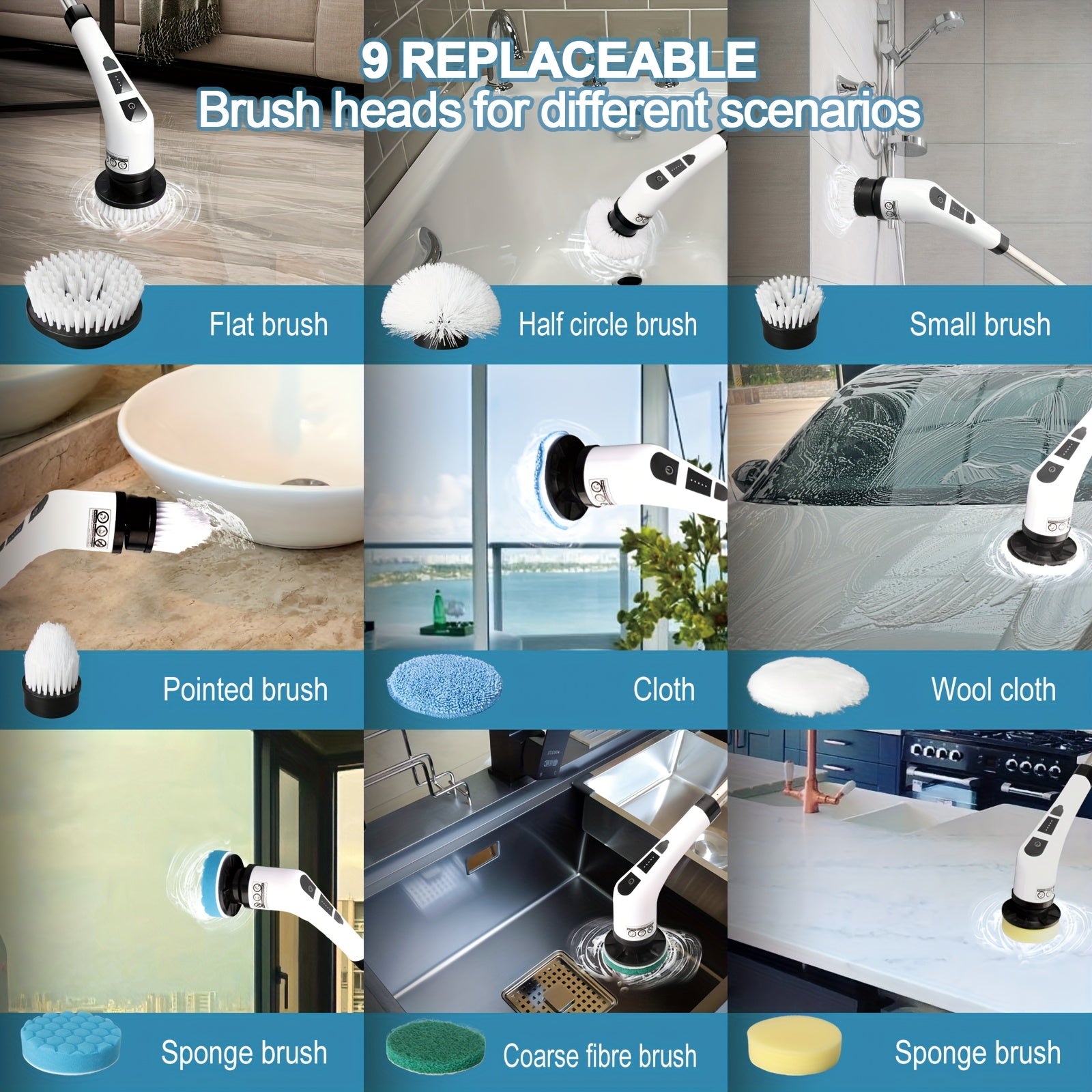 Cepillo de limpieza eléctrico inalámbrico giratorio con cabezales reemplazables y mango ajustable